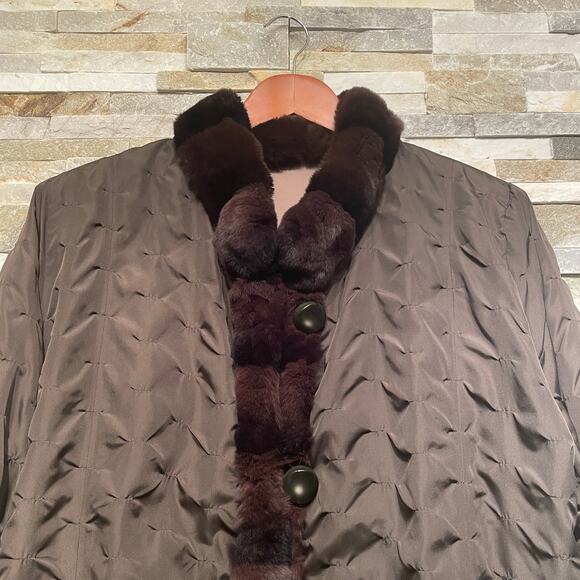 Reversible Rex Genuine Rabbit Fur Trim Coat XL | Chocolate Quilted & Taupe Nylon - Picture 5 of 13